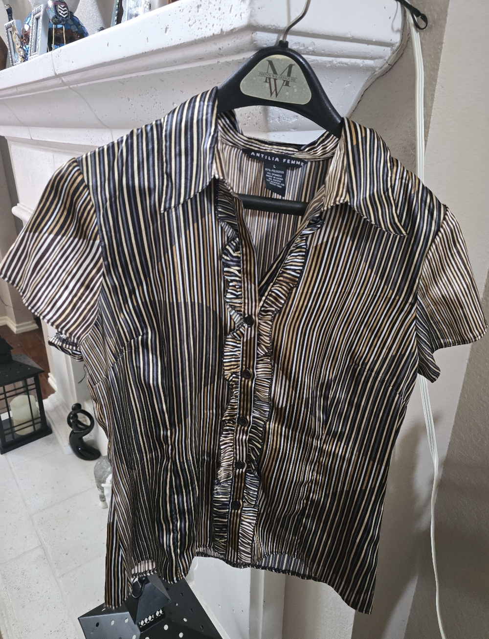 Antilia Femme Black and Gold Vertical-Striped Short Sleeve Shirt